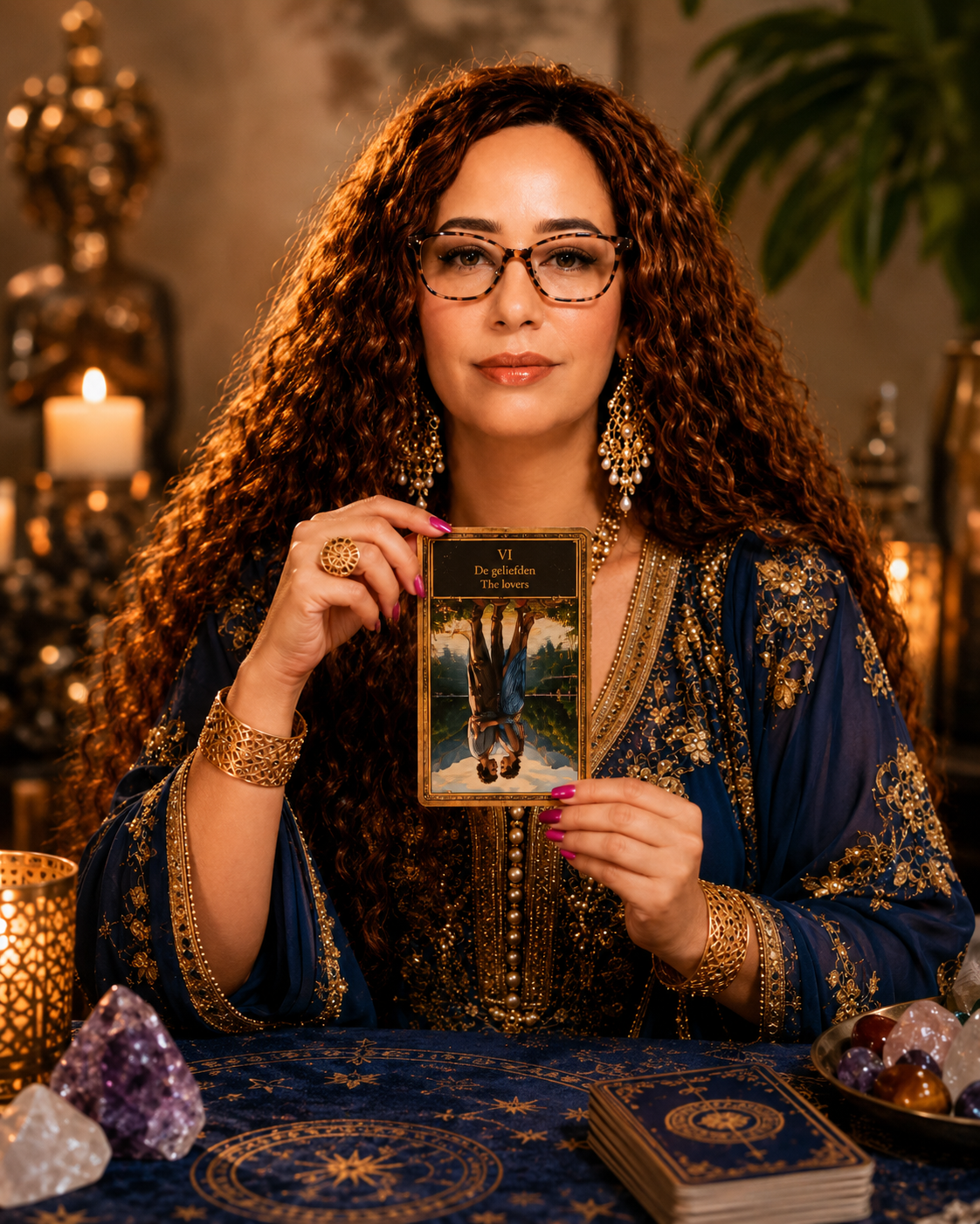 Rachida Kacimi houdt de omgekeerde Geliefden kaart uit haar eigen Sranang Tarot deck vast