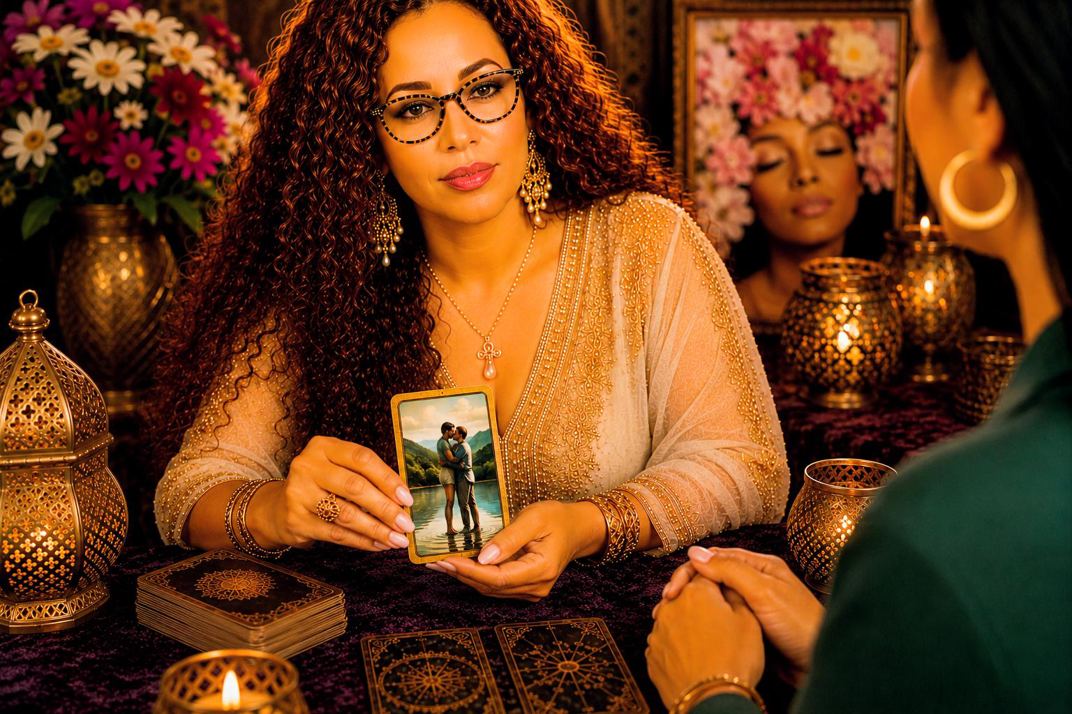 Rachida Kacimi toont de kaart De Geliefden uit de Sranang Tarot tijdens een raadpleging
