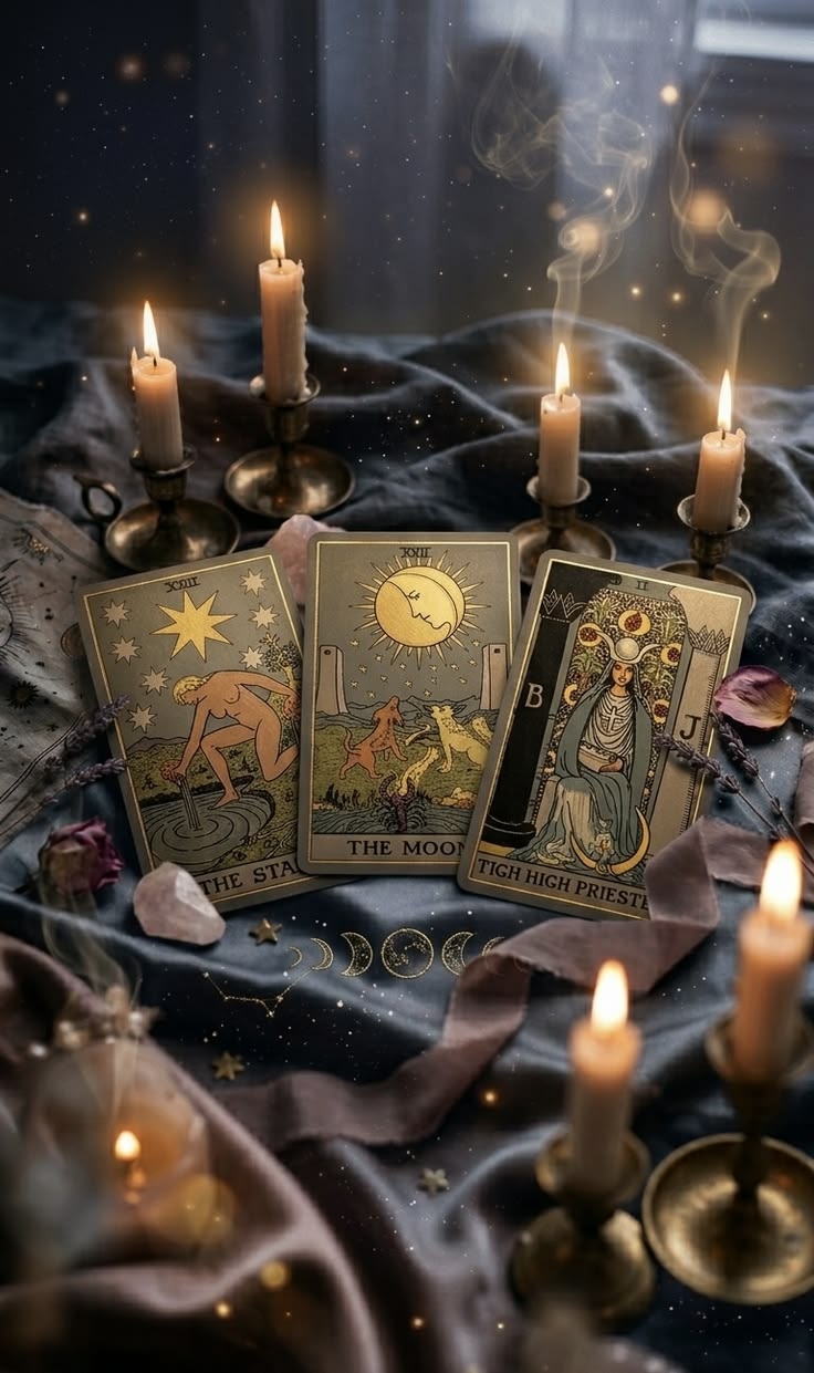 Sranang Tarotkaarten bij kaarslicht, sfeerbeeld van een tarot reading bij Lyluah