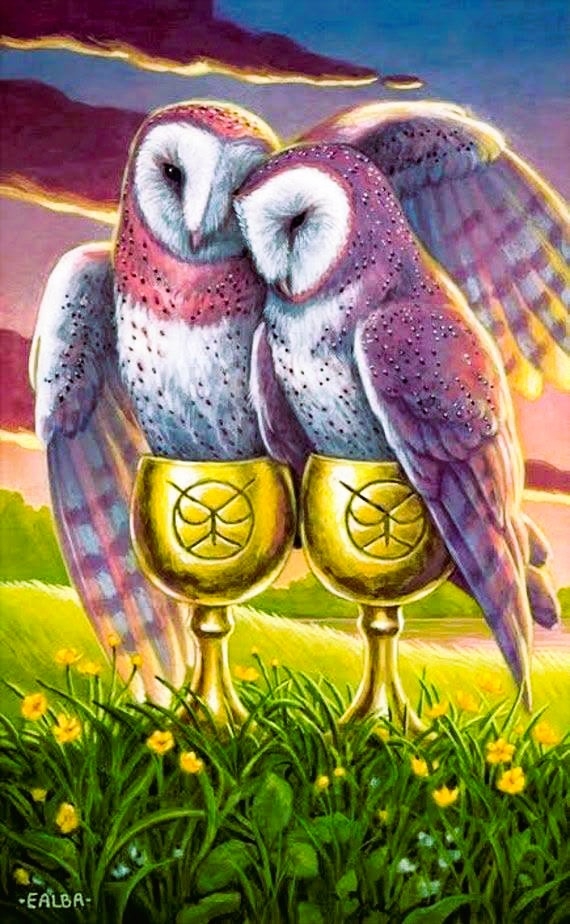 Twee Bekers-kaarten in een liefdeslegging Rider Waite tarot