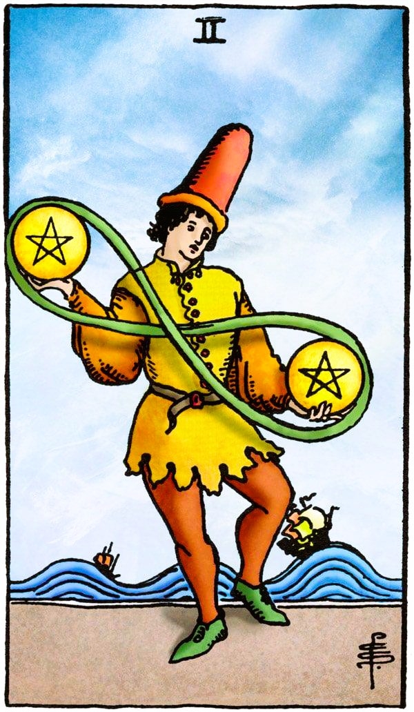 Twee van Pentakels Rider Waite tarot figuur jongleert twee gouden schijven oneindigheidslus