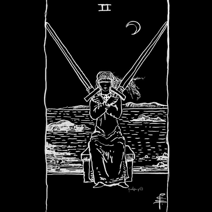 Twee van Zwaarden tarotkaart, geblinddoekte figuur en afwachten