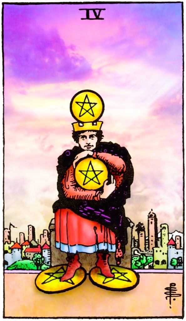Vier van Pentakels Rider Waite tarot figuur klemt gouden schijven vast op troon