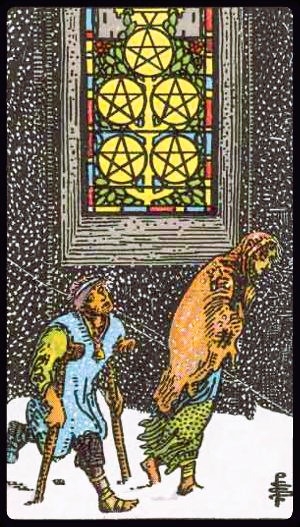Vijf van Pentakels Rider Waite tarot twee figuren in sneeuw langs kerk glas in loodraam