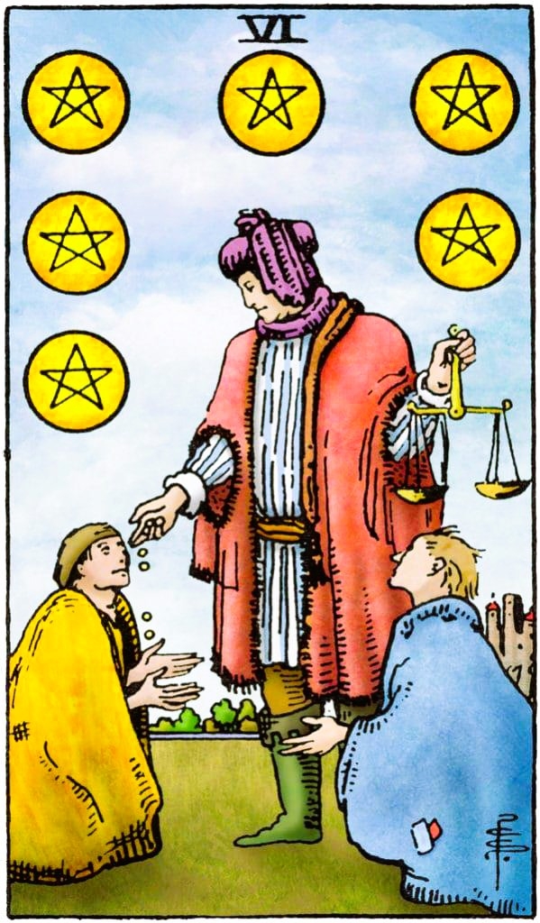 Zes van Pentakels Rider Waite tarot welgestelde man met weegschaal deelt munten uit