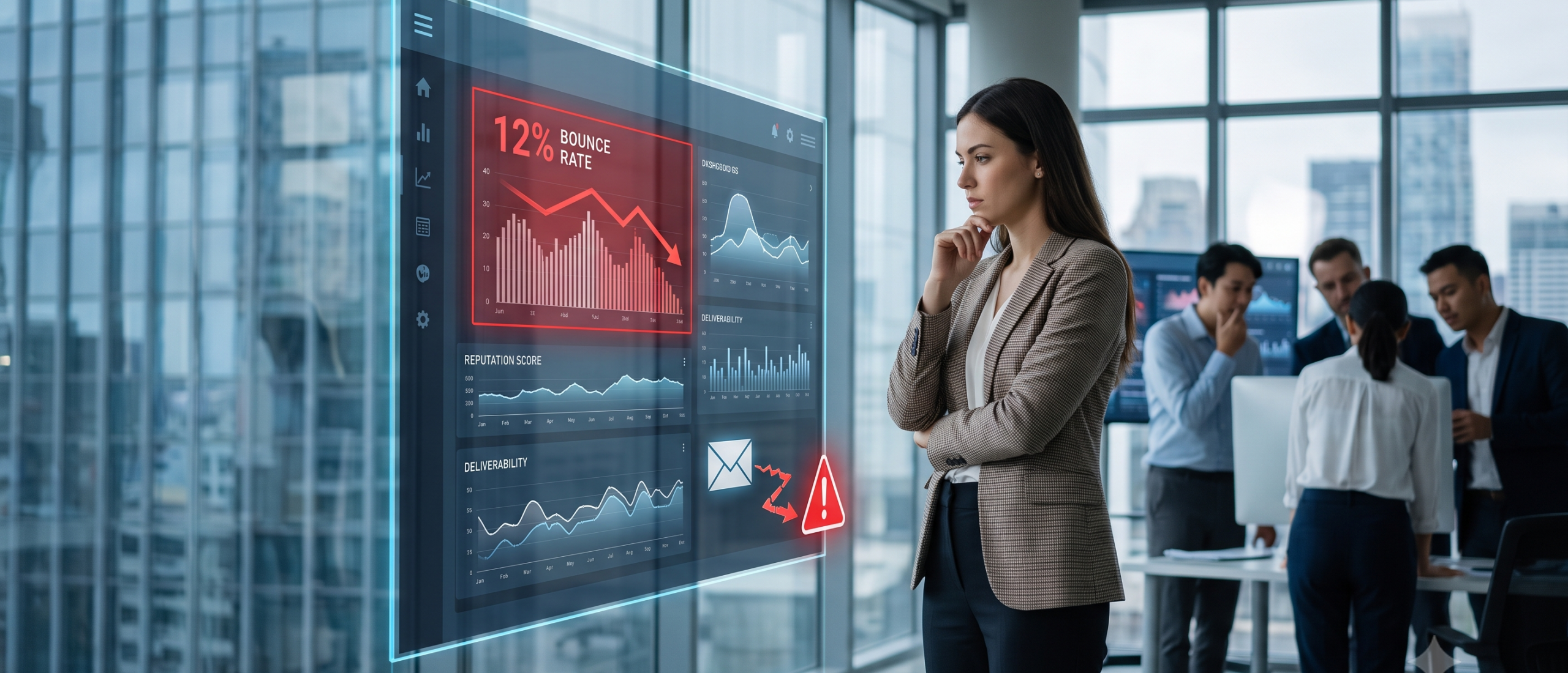 marketeer met een ernstige blik naar een digitaal dashboard kijkt. marketeer met een ernstige blik naar een digitaal dashboard kijkt.