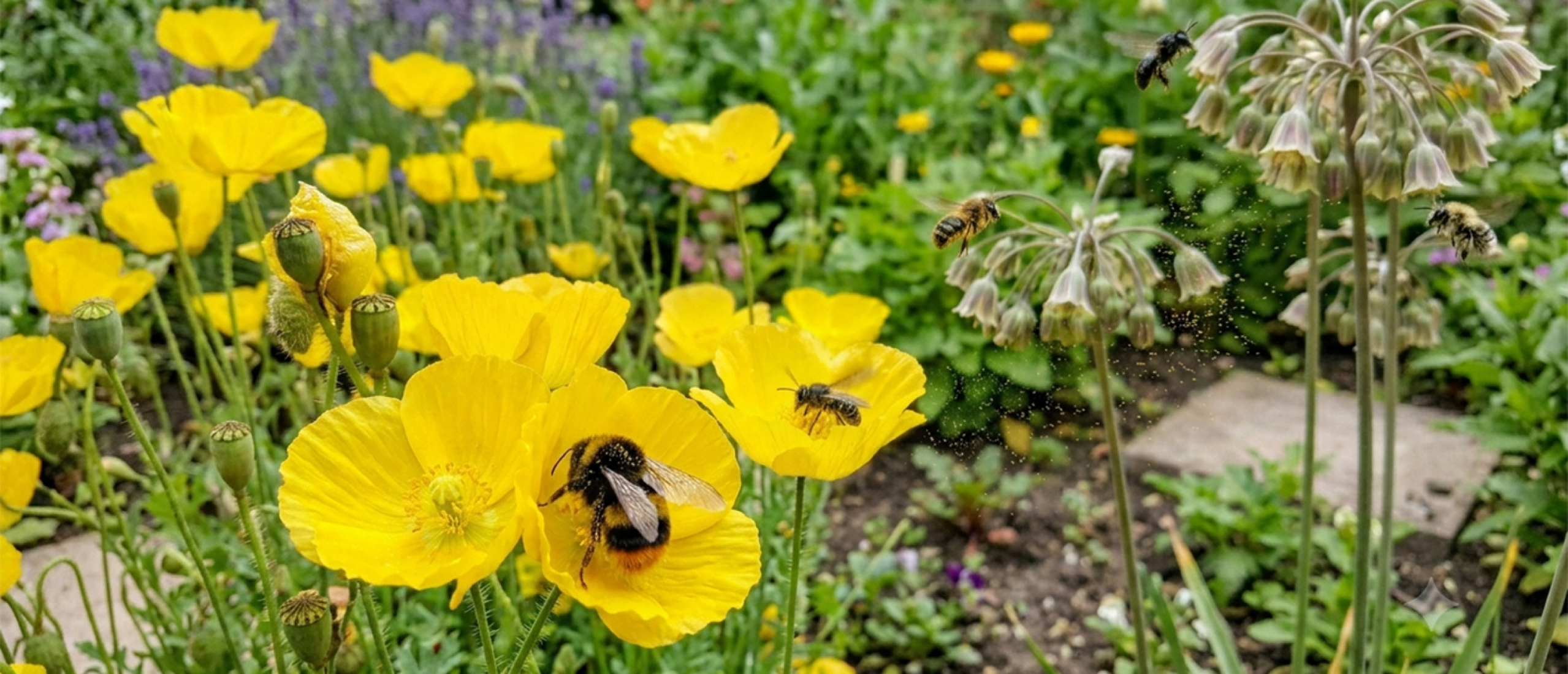 hommel-op-gele-klaproos-en-zweefmolen-in-tuin
