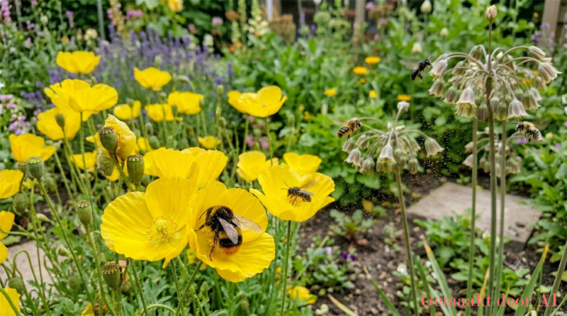 Een hommel op een gele klaproos met een zweefmolen (Bulgaarse ui) op de achtergrond waar bijen omheen vliegen in een bloemrijke tuin.