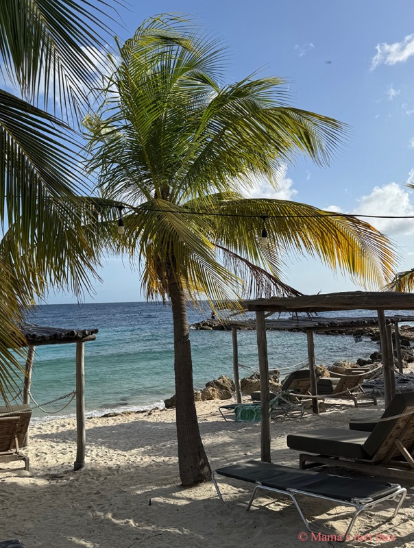 Het witte zandstrand van Blue Bay met wuivende palmbomen en helderblauwe lucht