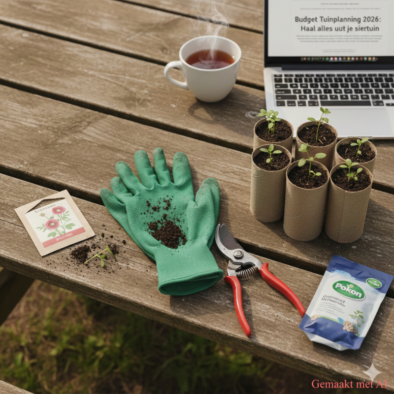 Een houten tuintafel met tuinhandschoenen, een snoeischaar, zakje stokroos-zaden en voorgezaaide plantjes in wc-rolletjes naast een laptop met de blogtekst.