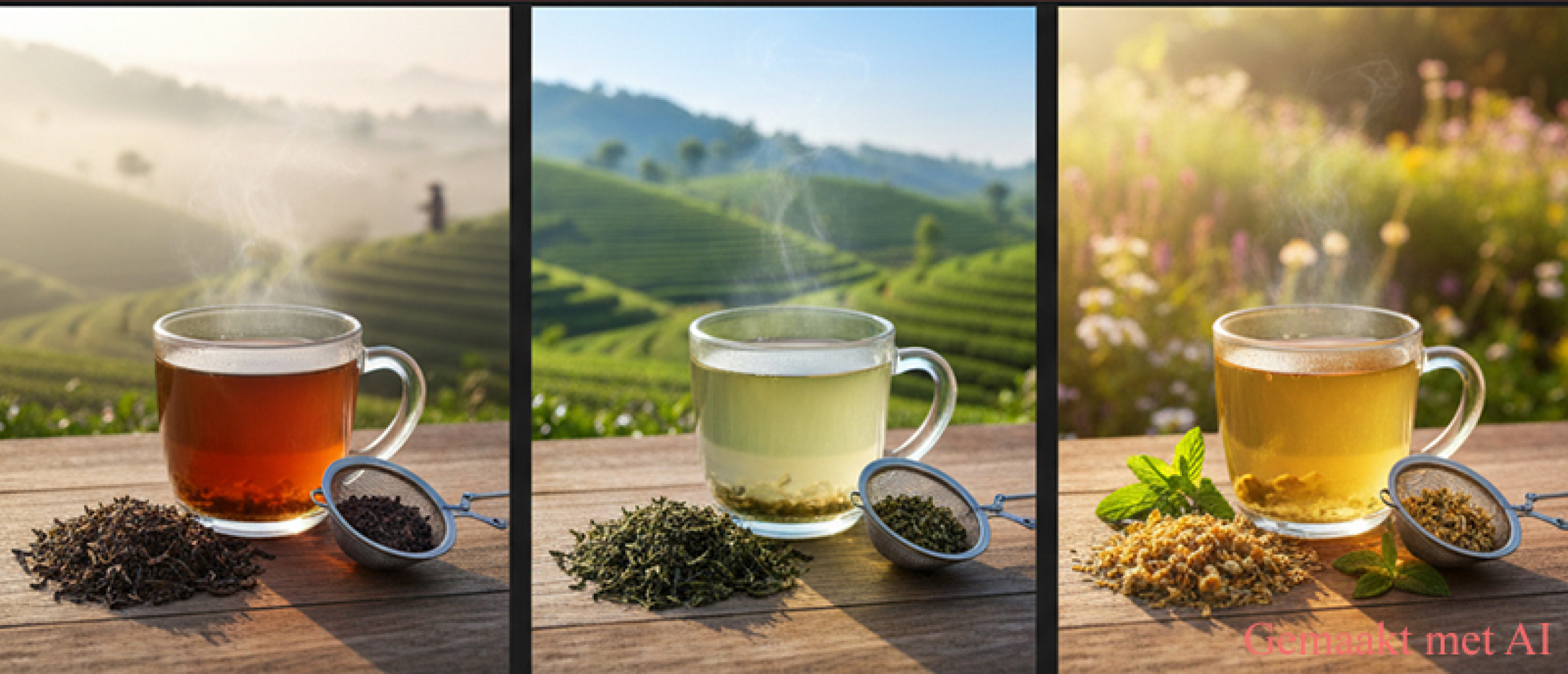 Zwarte thee, groene thee en kruidenthee verdeeld over de dag