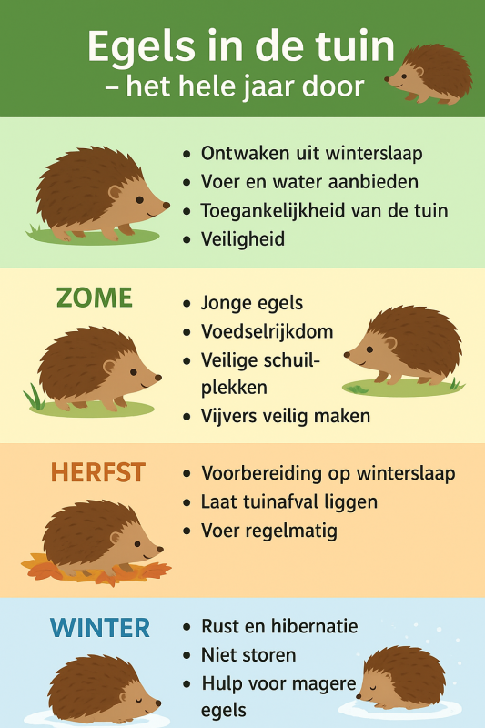 Infographic over Egels ni de tuin per seizoen