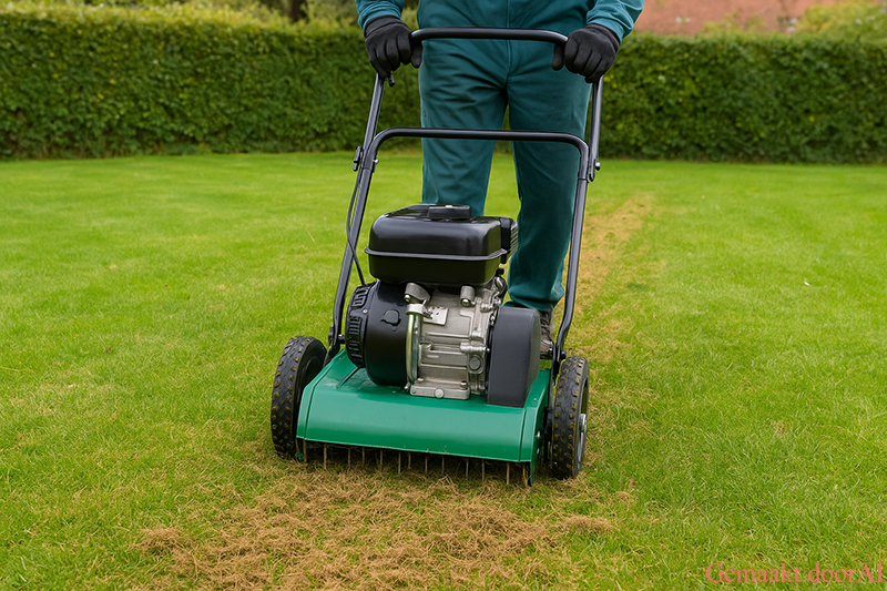 Tuinman verticuteert een gazon met een verticuteermachine in de nazomer om mos en dood gras te verwijderen