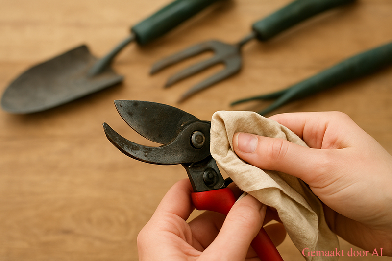 2 handen maken een snoeischaar schoon met een doek met op de achtergrond meer tuingereedschap