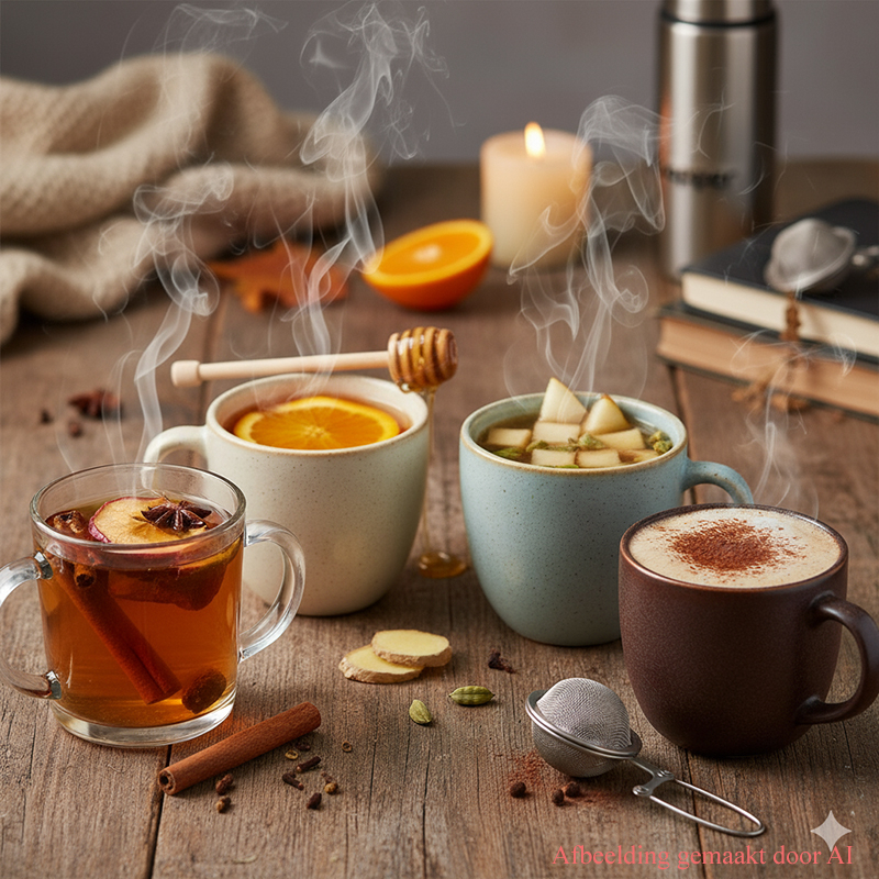 Verschillende smaken herfstthee naast elkaar in mokken op een sfeervolle tafel passend bij de herfst