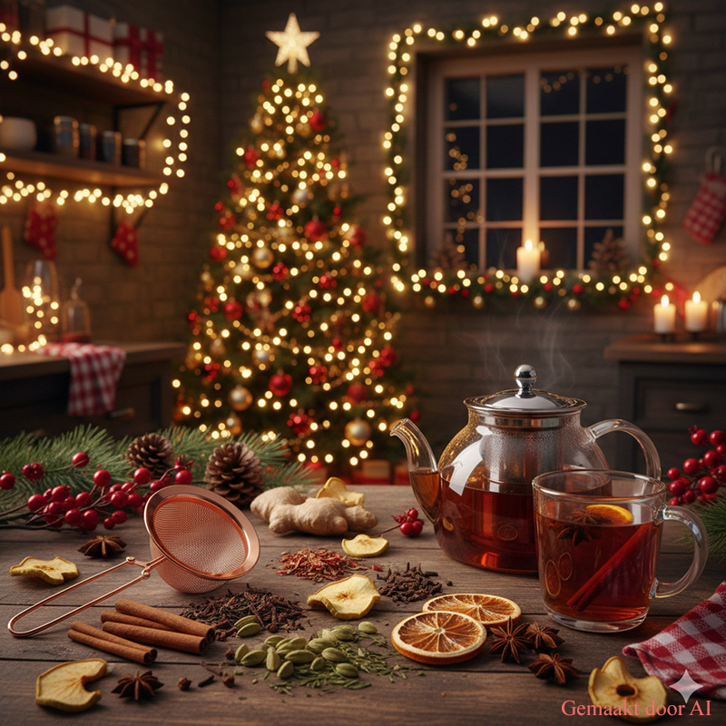 Gezellige Kerstthee in Feestelijke Keuken Gezellige kerstkeuken met theepot, theekruiden en kerstboom in warme sfeer.