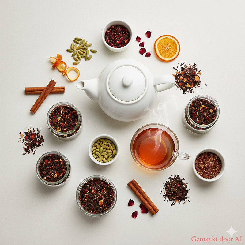 Assortiment Losse Kerstthee en Kruiden Overzicht van losse kerstthee, kruiden en een theepot op een minimalistische achtergrond.