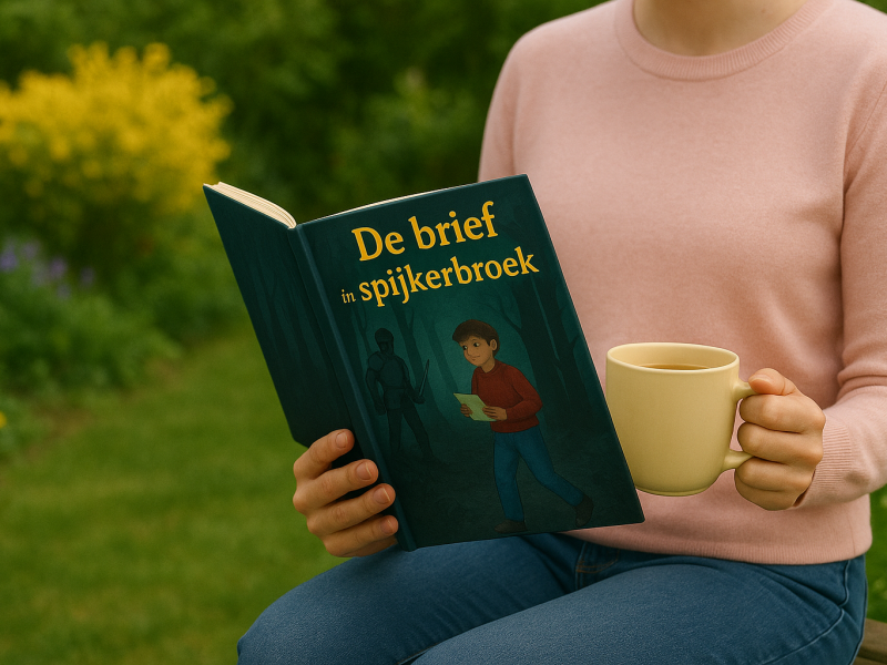 Vrouw in de tuin met een kop thee, verdiept in het kinderboek