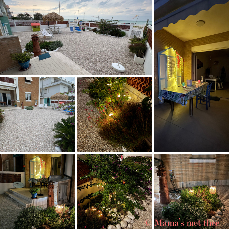 De tuin van Maison Armandi collage van hoekjes van de tuin van Maison Armandi met mooie uitgelichte planten in het donker.