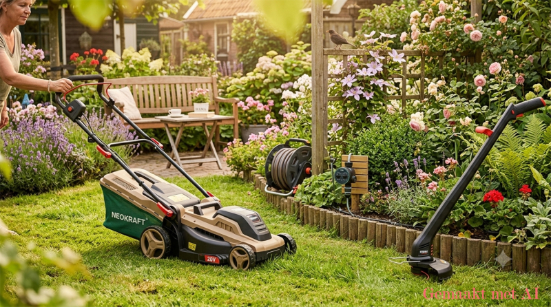 Zonovergoten tuin met de Neokraft accugrasmaaier, Ferm trimmer en irrigatieset van Action, met een zingende merel op de achtergrond.