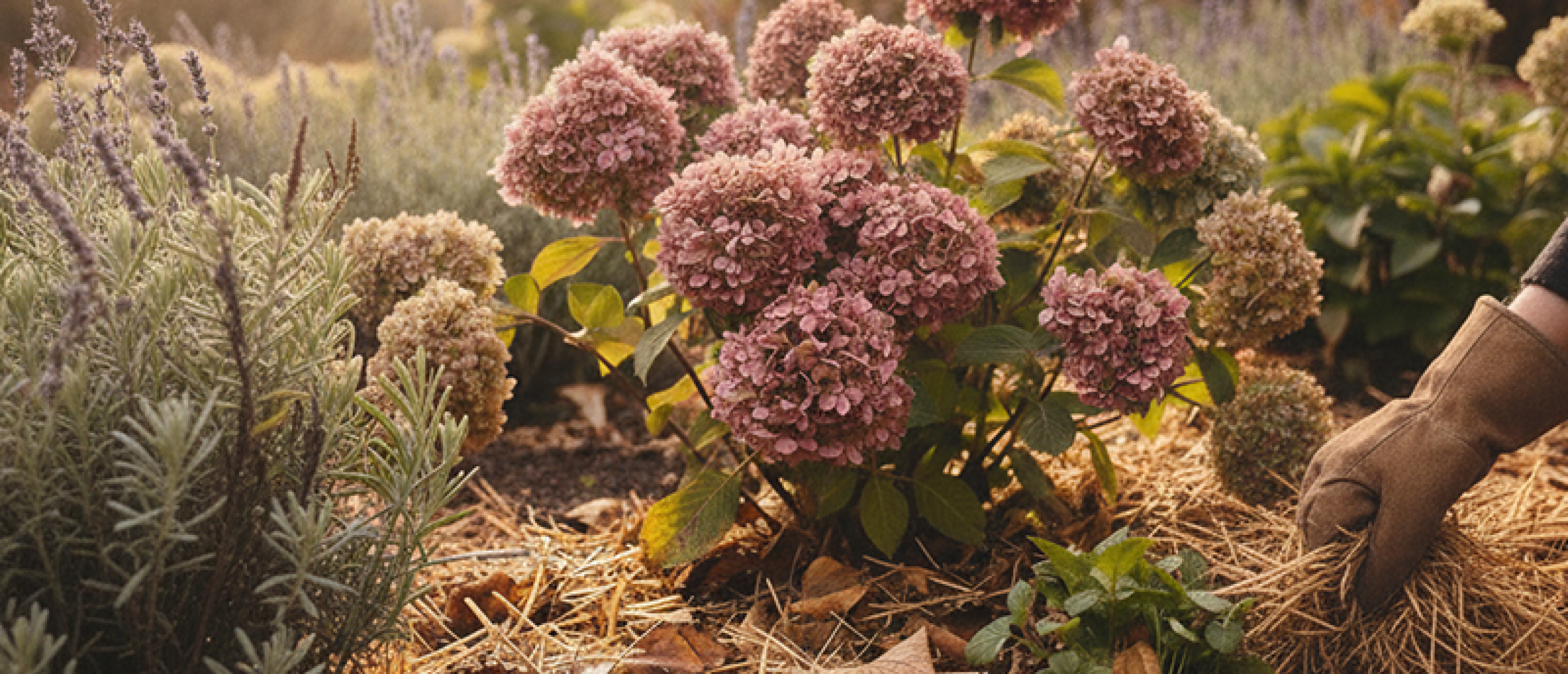 Border met vaste planten beschermen tegen kou en vorst Border met vaste planten beschermen tegen kou en vorst