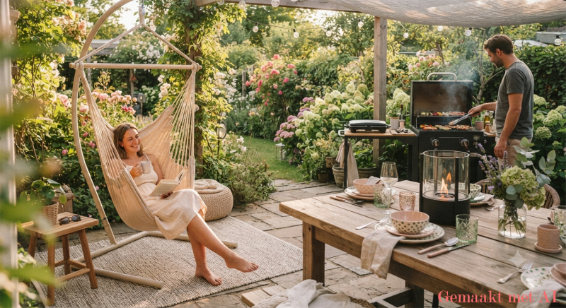 Een sfeervolle tuin met een vrouw die leest in een hangstoel en een man die grilt op een barbecue, naast een gedekte buitentafel
