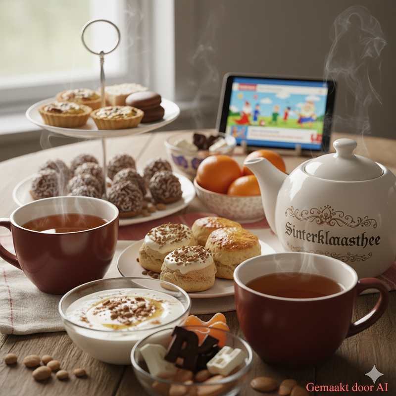 Overvloedig gedekte tafel voor een huiselijke high tea  met pepernoten en allerlei hapjes met pepernoten smaak.