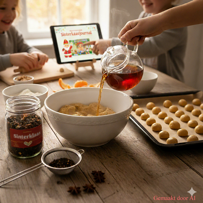 Pepernoten recept met thee Keukentafel met pepernotenbeslag met thee en gezelligheid van het samen bakken.