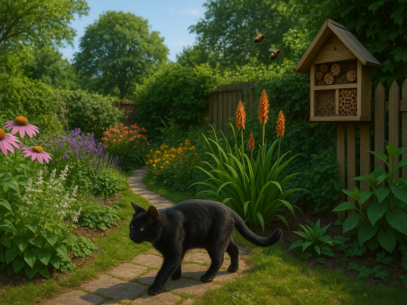 Zonnige tuin met kleurrijke zomerbloeiers, insectenhotel en een zwarte kat
