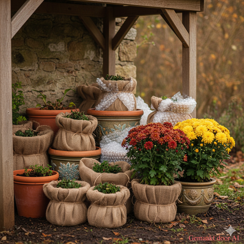 Planten in pot beschermd tegen kou en vorst