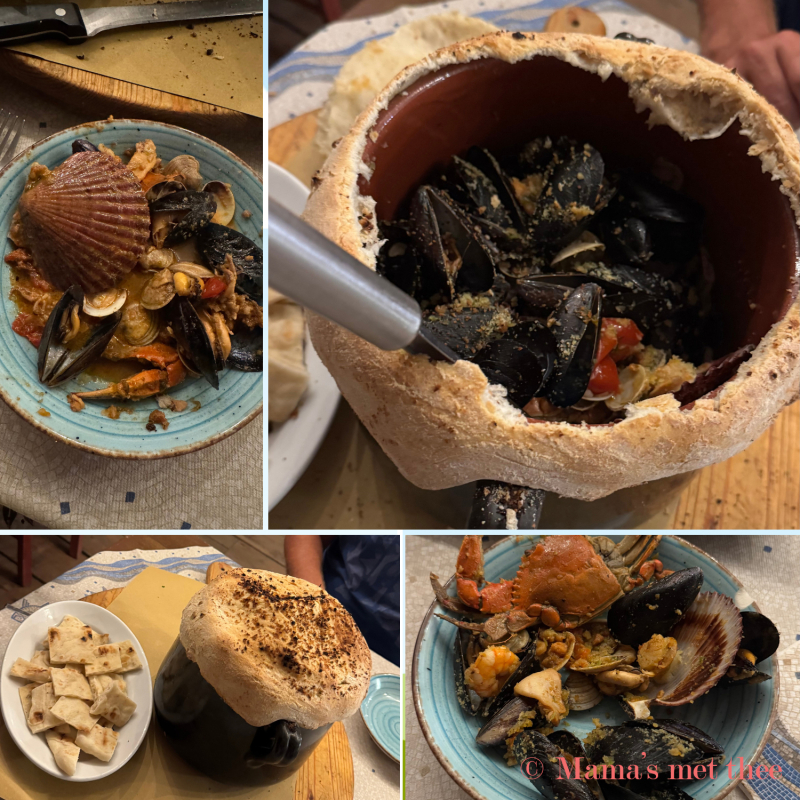 Pegnata bij restaurant Heidi Pegnata bij restaurant Heidi, bord vol met krab, mosselen en andere schaal en schelpdieren