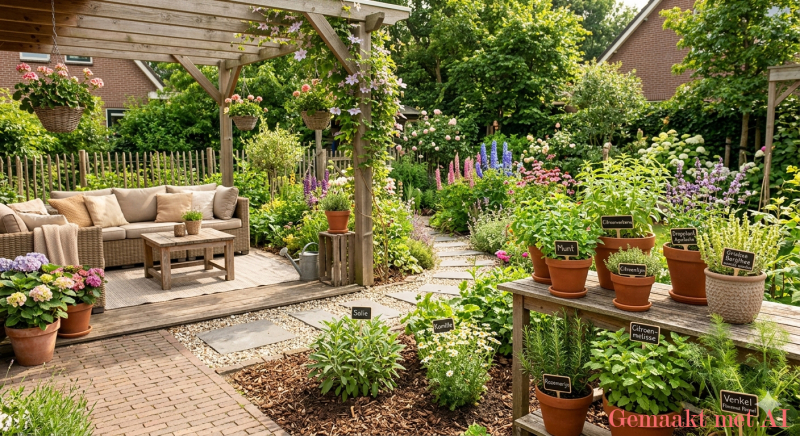 Sfeervolle siertuin met een houten loungebank en een verzameling theekruiden in terracotta potten op een verhoogde tafel. In de borders rondom zijn ook bloeiende kruidenplanten zoals salie en munt zichtbaar.