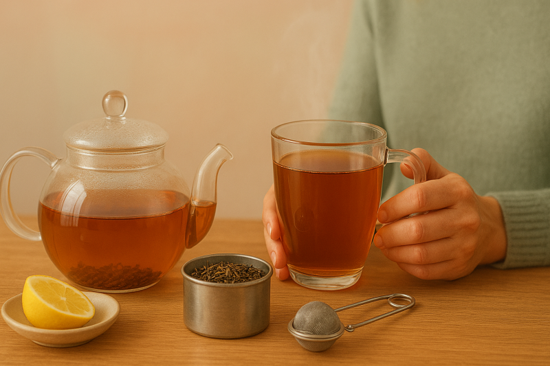 Genieten van losse thee tijdens een pauze Handen die een warme kop losse thee vasthouden voor een rustmoment