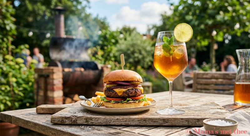Thee serveren in een glas bij de barbecue als tea pairing