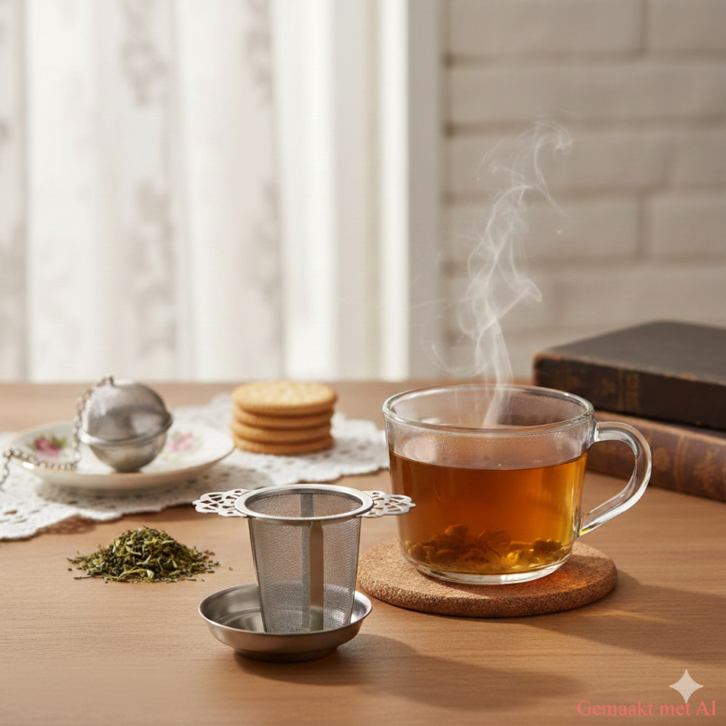 Vergelijking klassiek thee-ei en modern RVS theefilter Een sfeervolle setting met een modern RVS theefilter op een schoteltje naast een glas thee, met op de achtergrond een klassiek thee-ei en een stapeltje Mariakaakjes