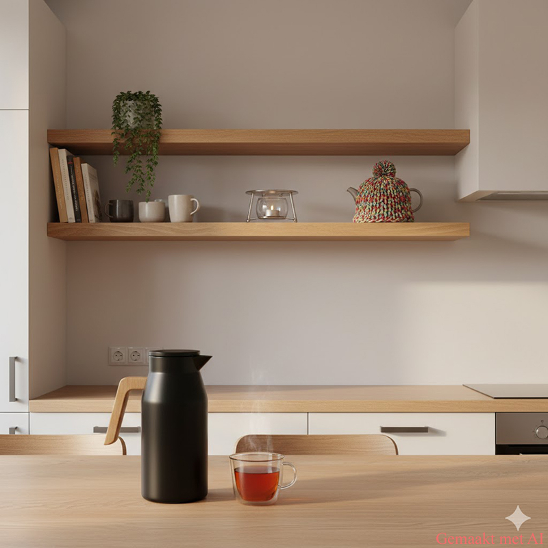 Stijlvolle warmhouders voor thee in een modern Scandinavisch interieur Een matzwarte design thermoskan met houten handvat op een tafel naast een glazen kopje thee, met op de achtergrond een keukenplank waarop een kleurrijke theemuts en een glazen rechaud staan.