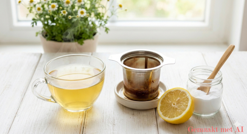 Een kop kamillethee naast een theefilter met bruine aanslag, een halve citroen en een potje baking soda op een lichte houten tafel.