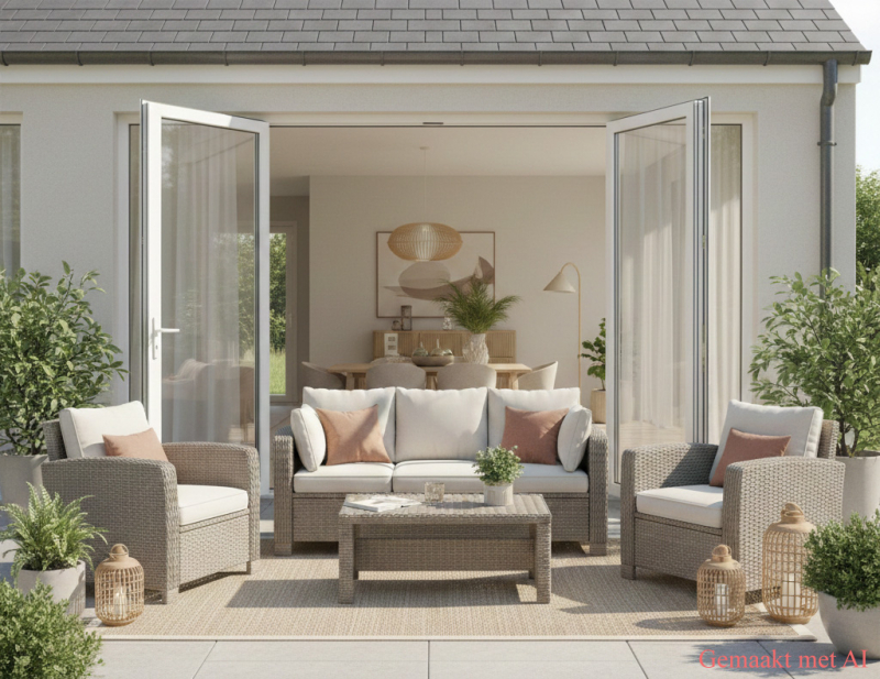 Een moderne wicker loungeset op een terras met een buitenkleed en planten, die naadloos aansluit op een lichte woonkamer via openslaande deuren.