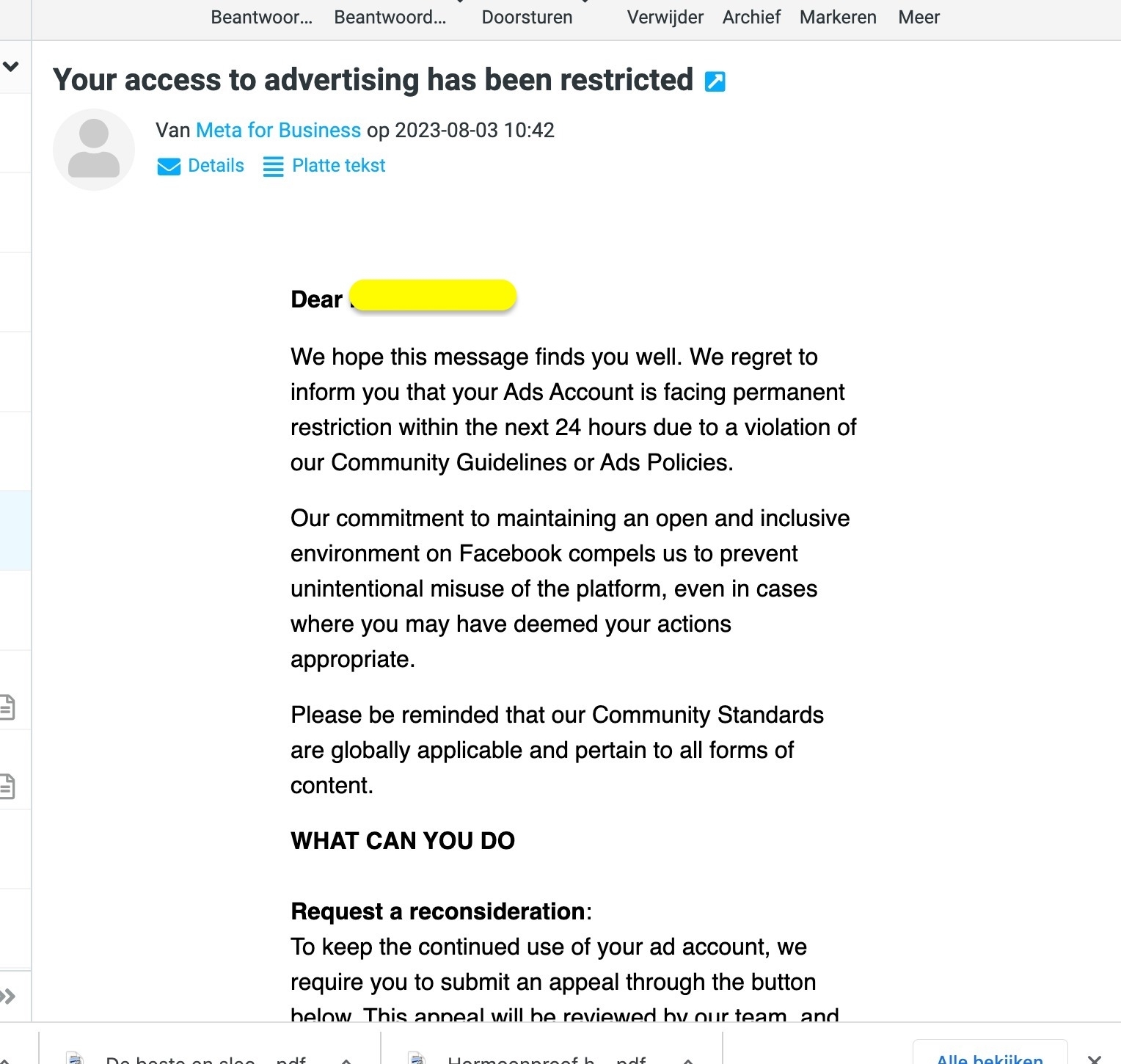 Mail van Meta support The content in your ad violated Facebook’s advertising policies
