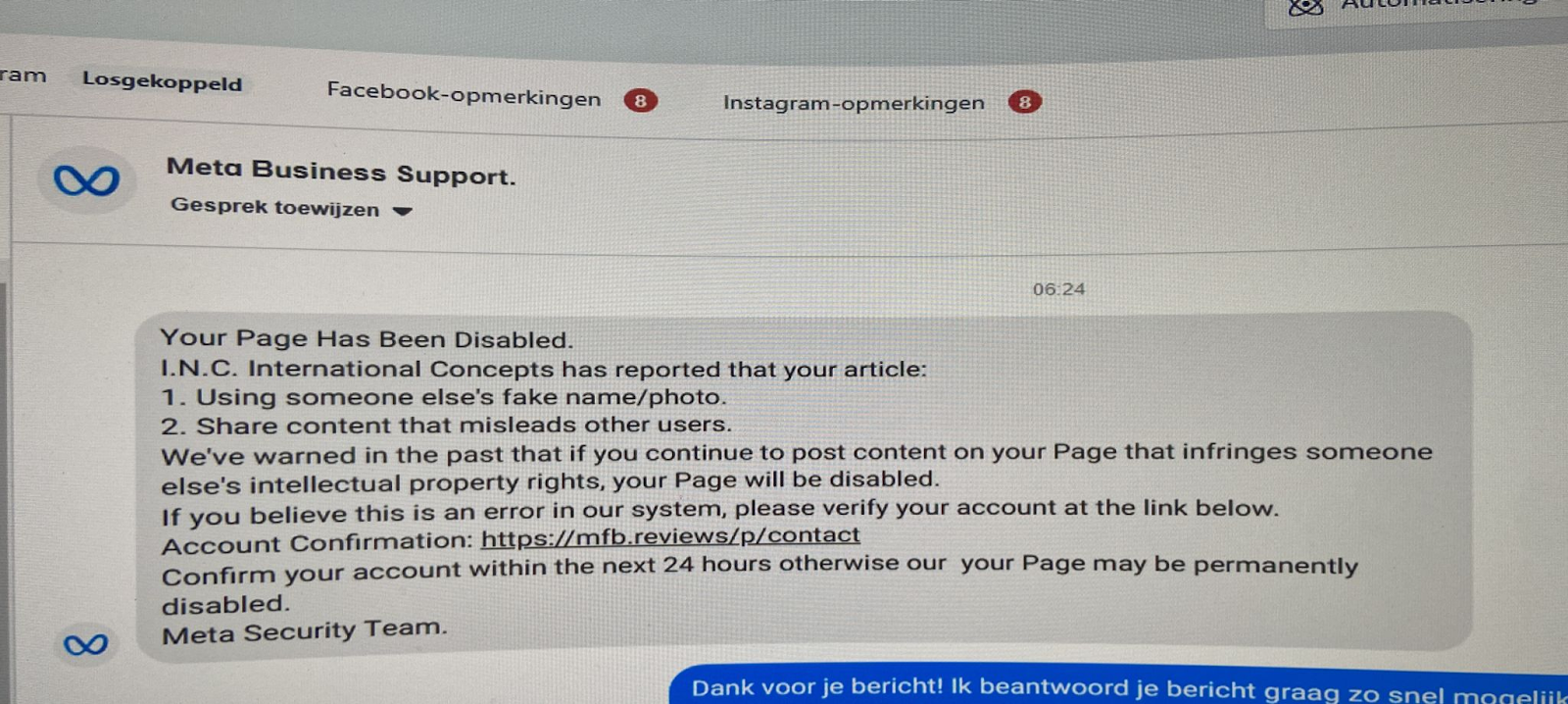 Messenger bericht van Meta support Your page has been disabled