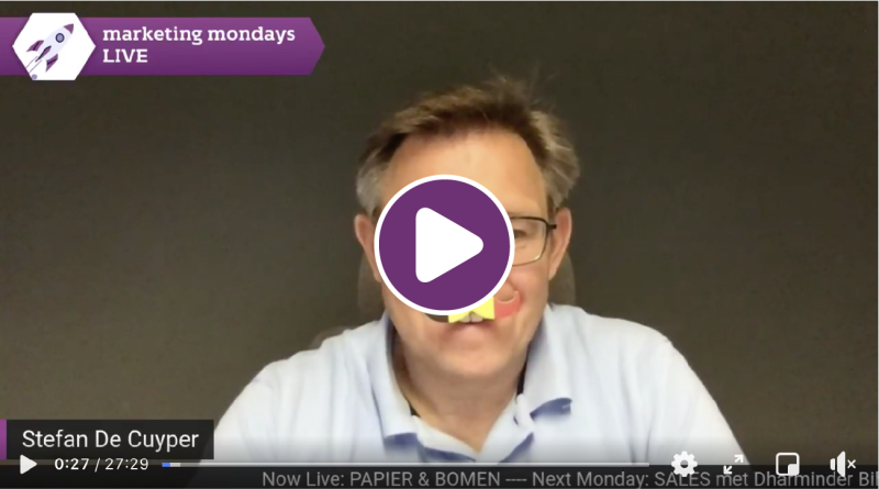 Marketing Mondays, Stefan De Cuyper, hoofd op achtergrond, snor in Belgische driekleur, raket, LIVE, livesessie, playbutton