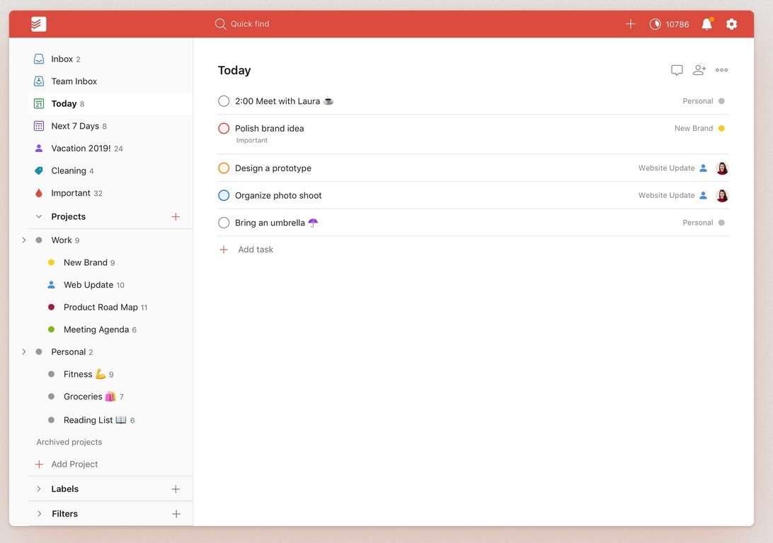 Screenshot van de app Todoist Screenshot van de app Todoist
