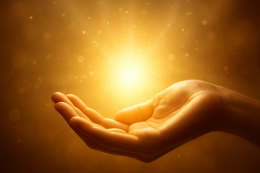 Een warme afbeelding van een hand in goud licht, passend bij de zachte afronding van een energetische Flow-sessie. Symboliseert rust, zachtheid en helende aanwezigheid.