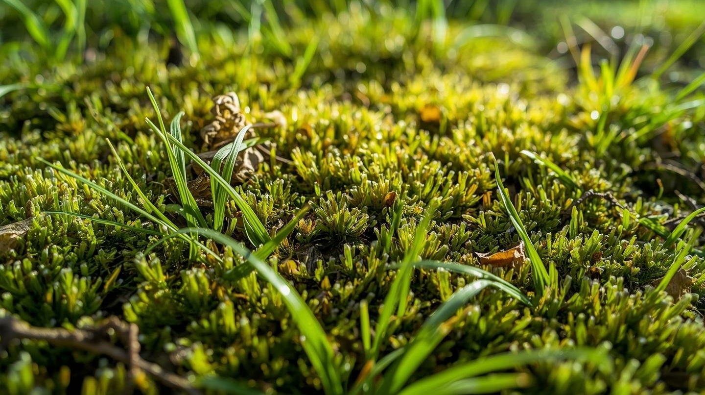 Natuurdetail van mos en gras als symbool voor een manier van werken die is gegroeid door ervaring, zachtheid en aandacht.