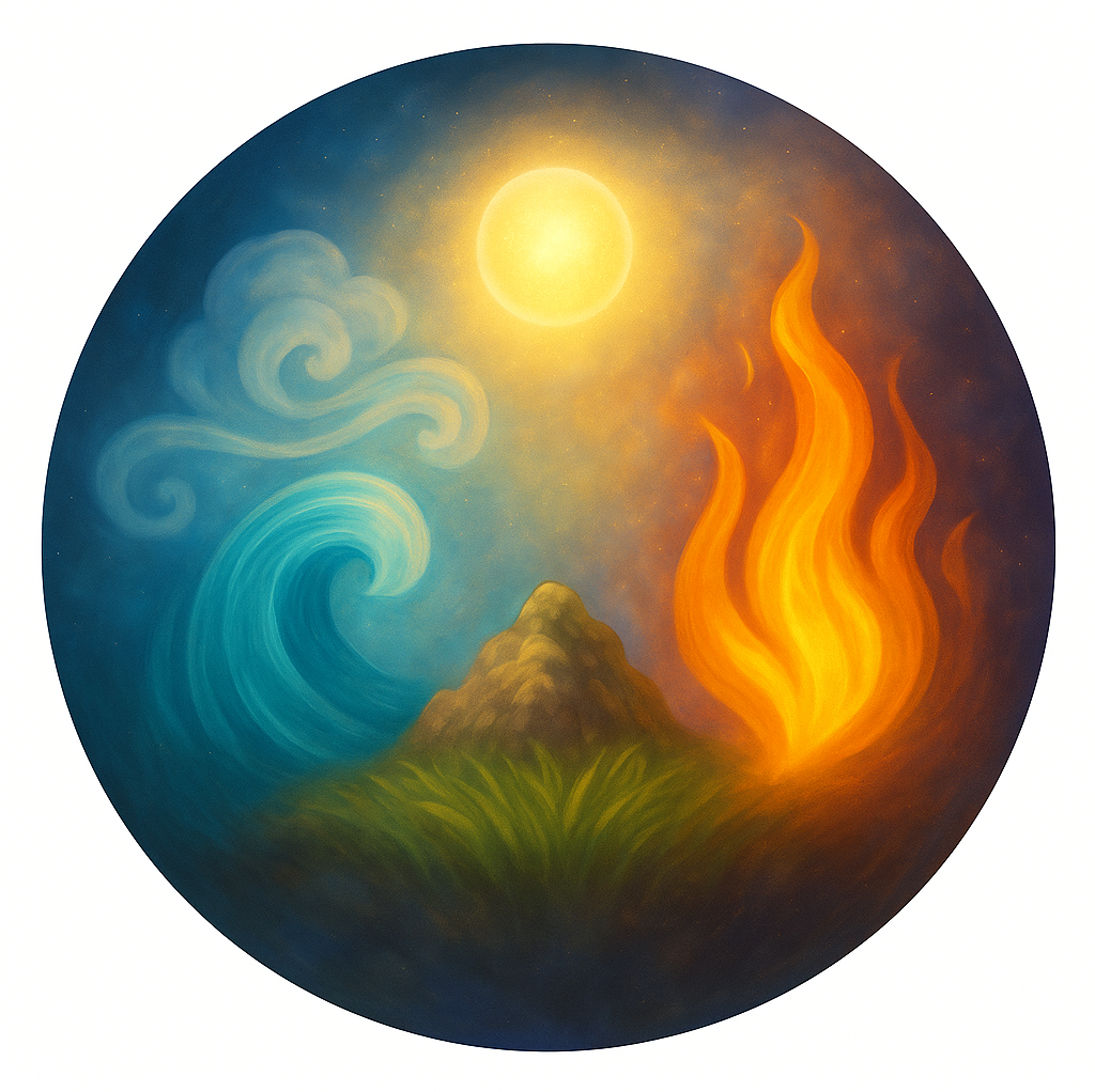 Symbolische weergave van de vijf elementen in energetische balans. Deze ronde afbeelding uit de Lichtveldcirkel-praktijk verbeeldt aarde, water, vuur, lucht en ether als één stromend veld van licht en harmonie.