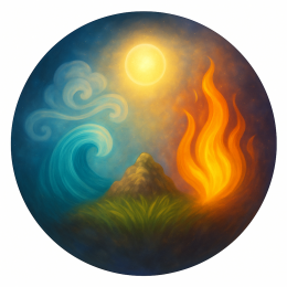 Symbolische weergave van de vijf elementen in energetische balans. Deze ronde afbeelding uit de Lichtveldcirkel-praktijk verbeeldt aarde, water, vuur, lucht en ether als één stromend veld van licht en harmonie.