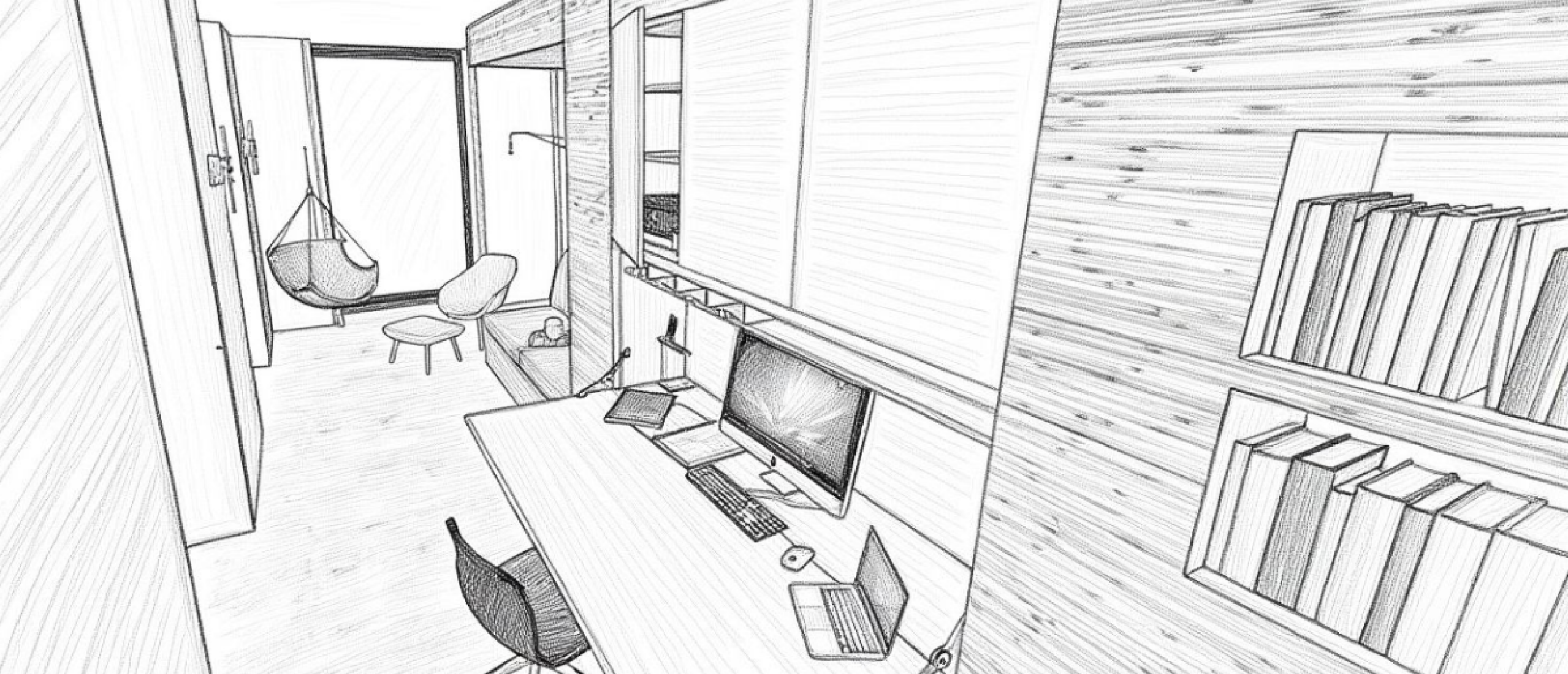 Dubbel gebruik van ruimte: uitklapbaar bureau ↔ lounge (Together Alone)