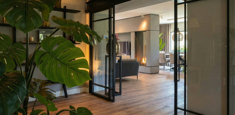 Interieurontwerp vrijstaande villa Rhoon — woonkamer met stalen pui en mountain oak vloer