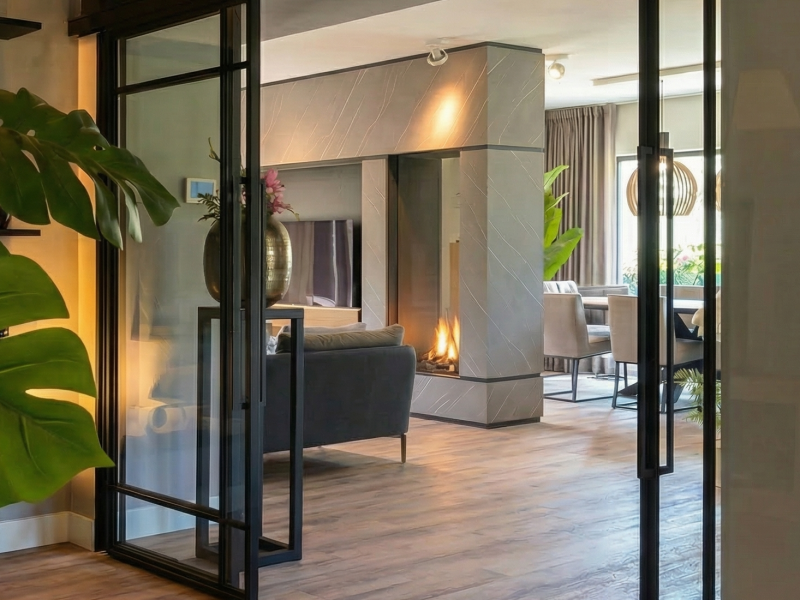 Interieurontwerp vrijstaande villa Rhoon — woonkamer met stalen pui en mountain oak vloer