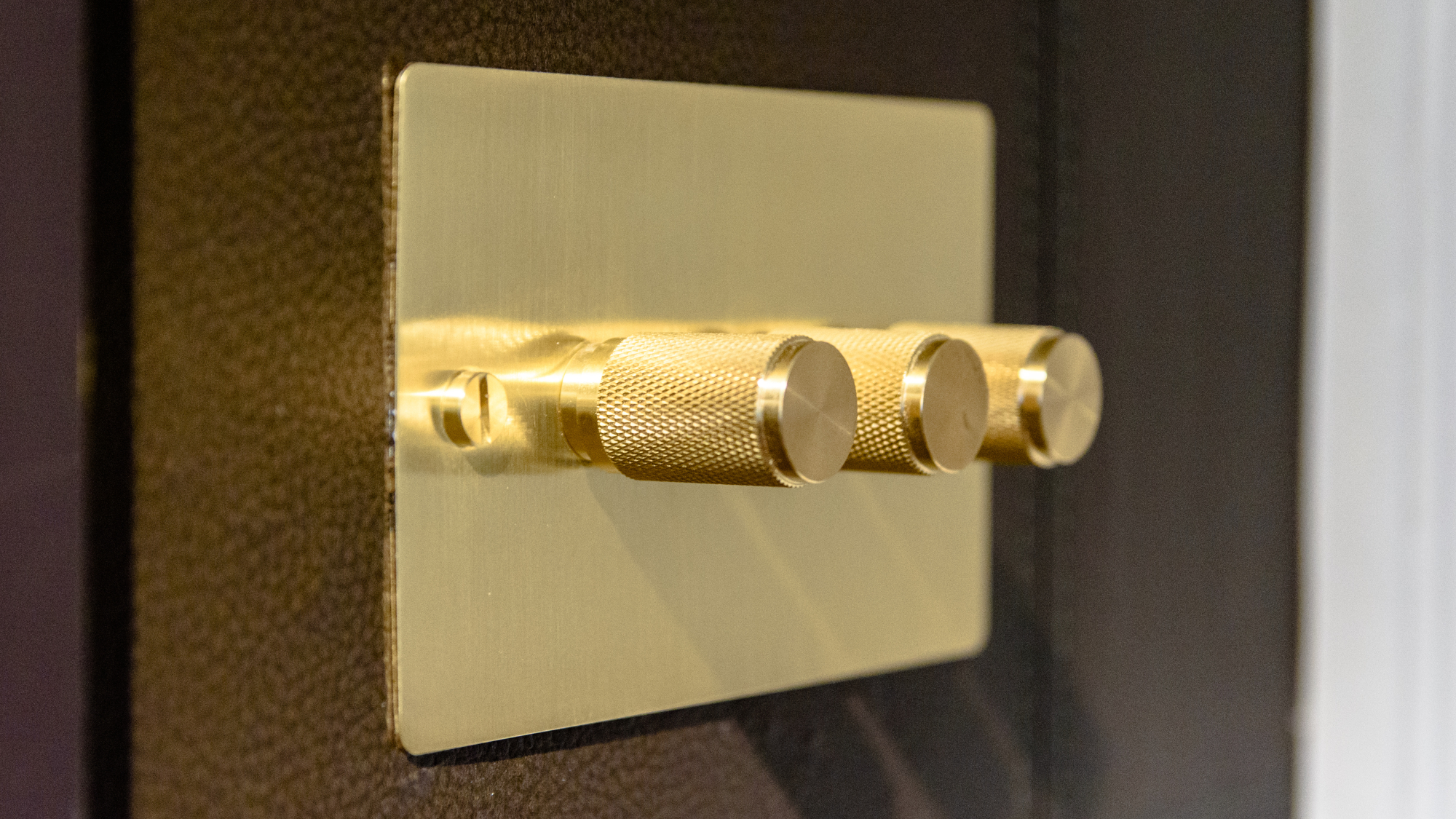 Messing dimmers van Buster & Punch op bruinlederen wandpaneel, detailopname.
